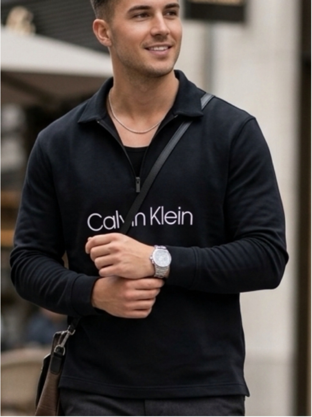 Calvin Klein Men's L Relaxed Fit Logo Terry Long Sleeve Quarter Zip Polo 1497